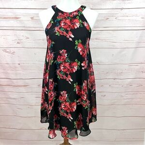 Betsey Johnson Floral Red Rose High Neck Babydoll Trapeze Swing Cocktail Dress